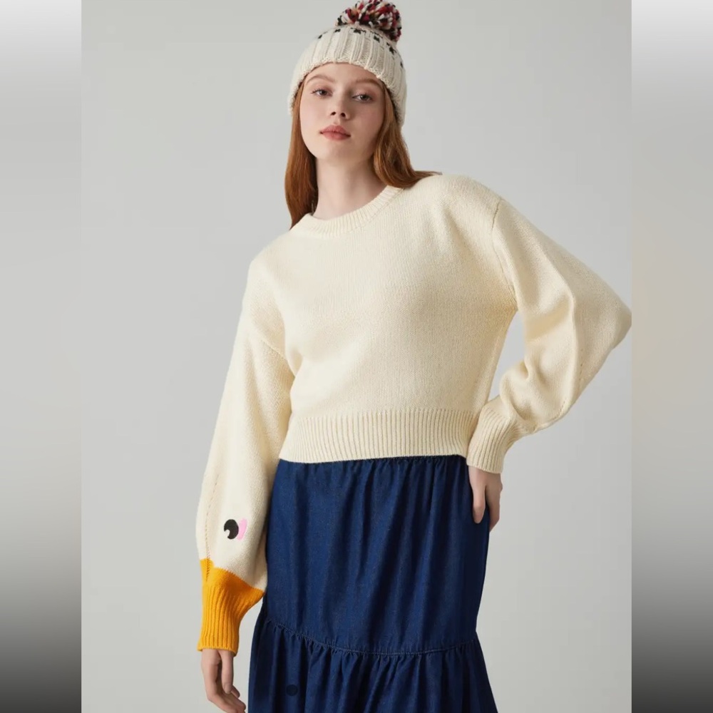 Cider small ivory goose pattern crew neck knit sweater. - Picture 3 of 13